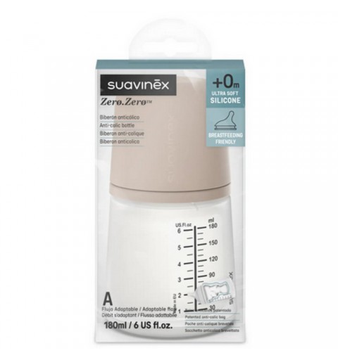 Suavinex Zero Zero - Butelka antykolkowa 180 ml, przepływ adaptacyjny | A - medium