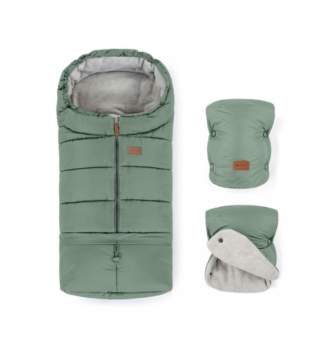 Petite&Mars Jibot + Jasie - Komplet zimowy śpiworek + rękawiczki do wózka | Pale Eucalypt