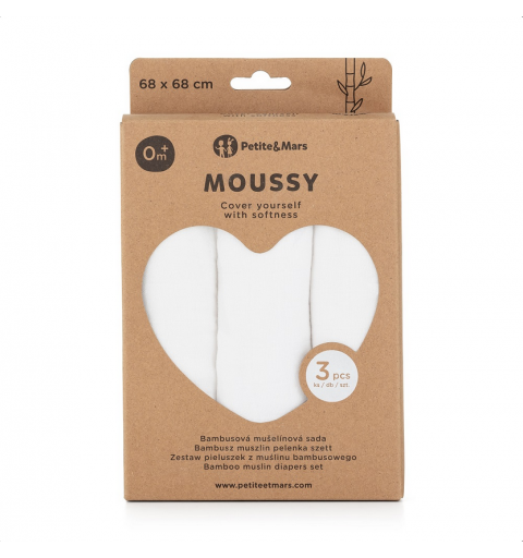 Petite&Mars Moussy - 3 pieluchy bambusowe 68x68 | Total White