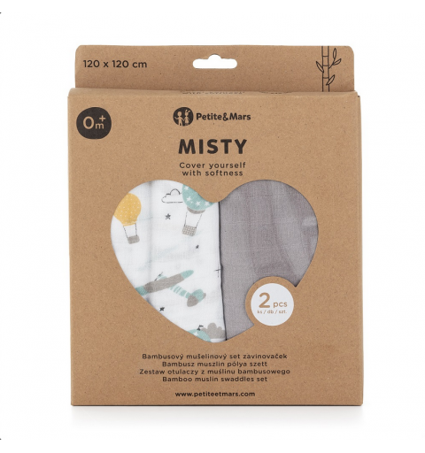 Petite&Mars Misty - 2 otulacze muślin bambusowy 120x120 | Grey Planes