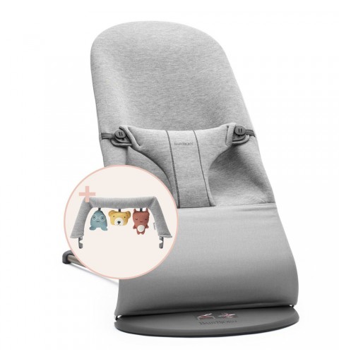 BabyBjorn Bliss 3D - leżaczek, bujaczek, krzesełko | Jersey Jasny Szary + Zabawka Soft Friends