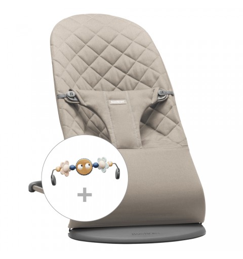 BabyBjorn Bliss - leżaczek, bujaczek, krzesełko | Piaskowy Szary Woven + Zabawka Googly Eyes Pastels