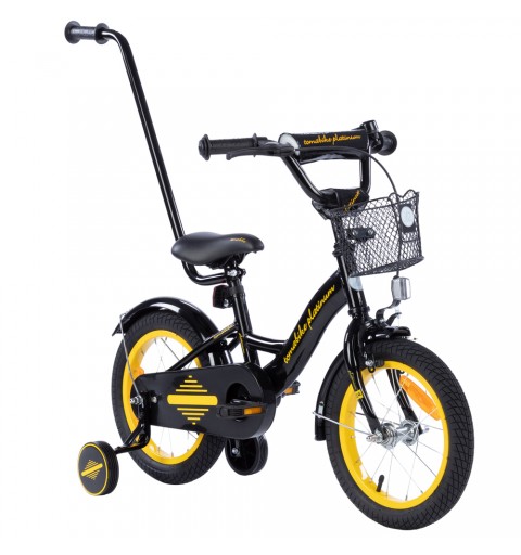 Rowerek dziecięcy 12 cali TomaBike PLATINUM z prowadnikiem | Czarno-Źółty