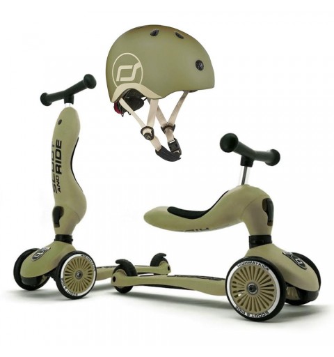 Scoot and Ride Highwaykick 1 - 2w1 Jeździk / Hulajnoga 1-5 Lat zestaw z kaskiem XXS | Olive