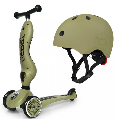 Scoot and Ride Highwaykick 1 - 2w1 Jeździk / Hulajnoga 1-5 Lat zestaw z kaskiem S-M | Olive