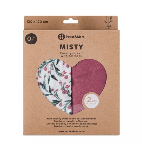 Petite&Mars Misty - 2 otulacze muślin bambusowy 120x120 | Pink Meadow