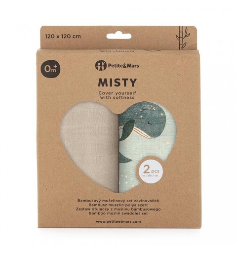 Petite&Mars Misty - 2 otulacze muślin bambusowy 120x120 | Whale Song