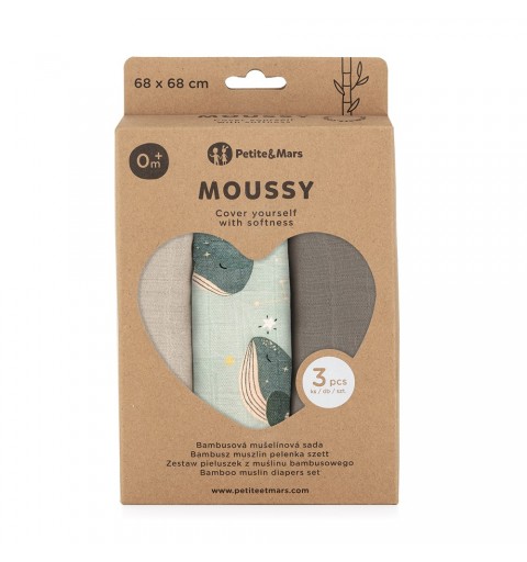 Petite&Mars Moussy - 3 pieluchy bambusowe 68x68 | Whale Song