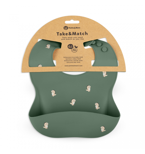 Petite& Mars Take&Match - śliniak silikonowy 6m+ | Green Dinos